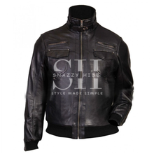 Slim Fit Mens Black Leather Bomber Jacket