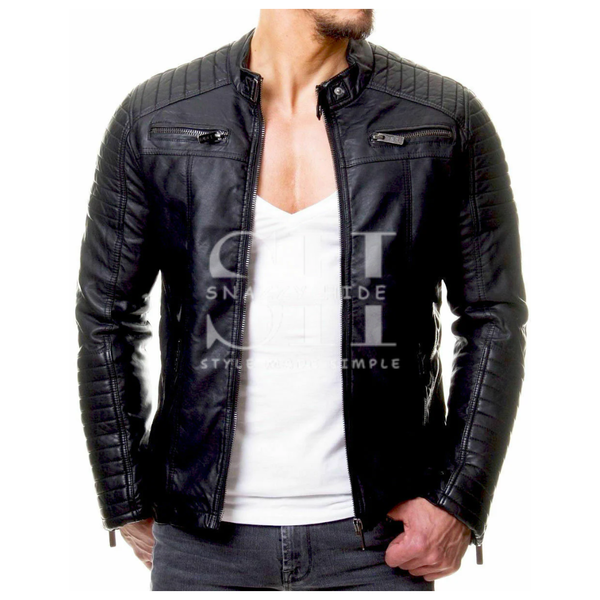 Regular Slim Fit Genuine Leather Fashionable Jackets In Black Color