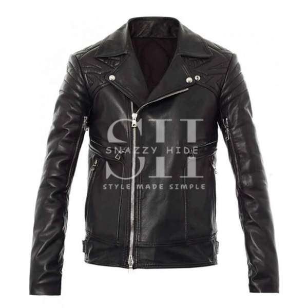 Quilted Mens Black Leather Biker Jacket