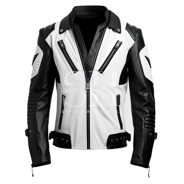 Men’s Black & White Biker Leather Jacket