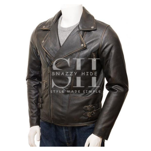 Men’s Vintage Buckled Waist Biker Leather Jacket