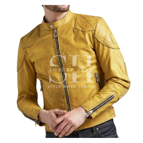 Men’s Yellow Cafe Racer Leather Biker Jacket