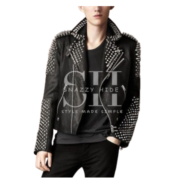 Men’s Silver Studded Punk Biker Leather Jacket