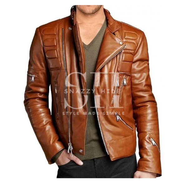 Men’s Brown Padded Biker Leather Jacket