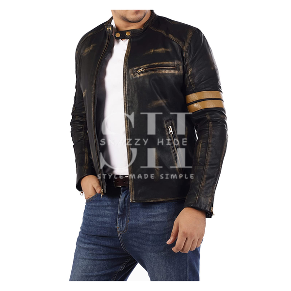 Men’s Distressed Cafe Racer Leather Biker Jacket