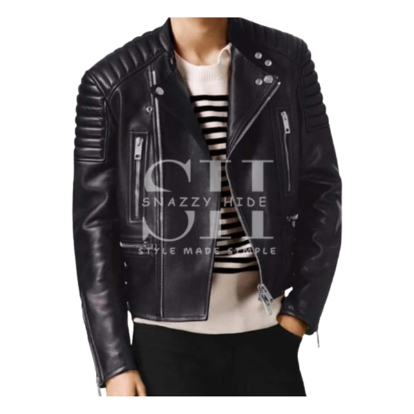 Mens Asymmetrical Black Bikers Padded Jacket