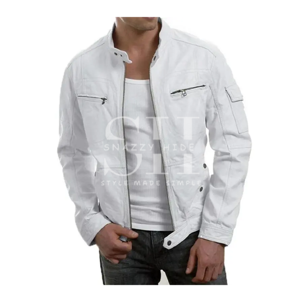 Men's White Cafe Racer Leather Jacket