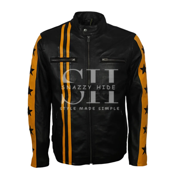 Men's Star Design Striped Cafe Racer Leather Jacket