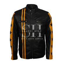 Men's Star Design Striped Cafe Racer Leather Jacket