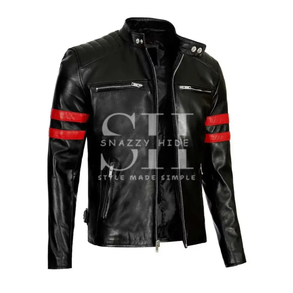 Men's Red Stripe Cafe Racer Hunter Biker Motorcycle Vintage Leather Jacket