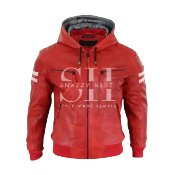 Men Red Hooded Bomber Leather Jacket