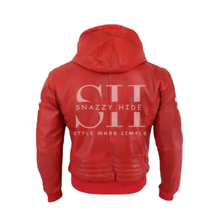 Men Red Hooded Bomber Leather Jacket