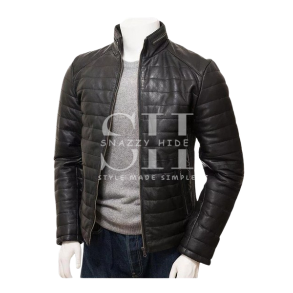 Black Leather Mens Quilted Jacket