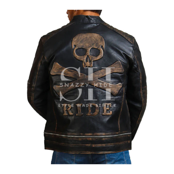 Men’s Distressed Black Skull Vintage Biker Jacket