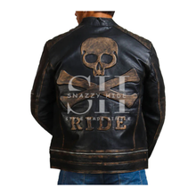 Men’s Distressed Black Skull Vintage Biker Jacket