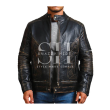 Men’s Distressed Black Skull Vintage Biker Jacket