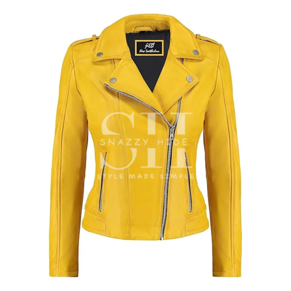 Biker Style Vintage Leather Yellow Jacket For Women