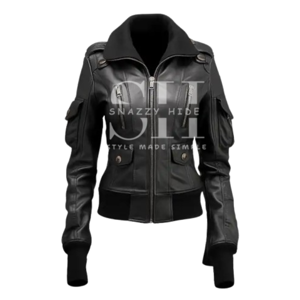 Womens Black Leather Bomber Jacket