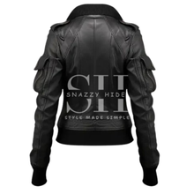 Womens Black Leather Bomber Jacket