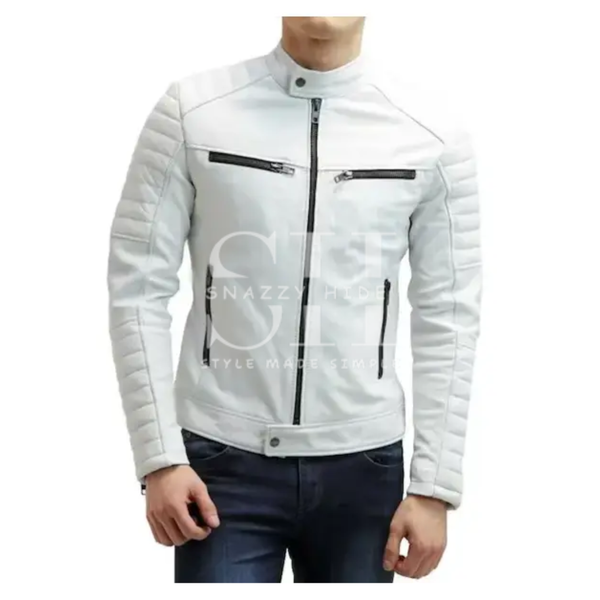 Mens Cafe Racer White Motorcycle Jacket
