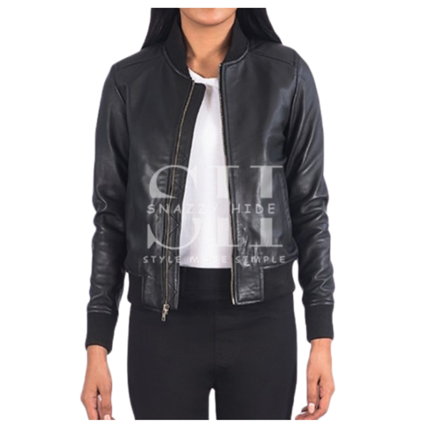 Women’s Fancy Leather Black Bomber Jacket