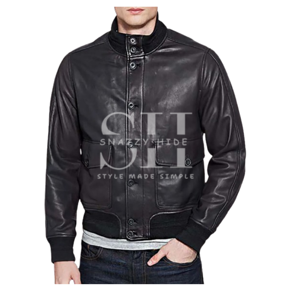Mens Standing Collar Leather Bomber Jacket