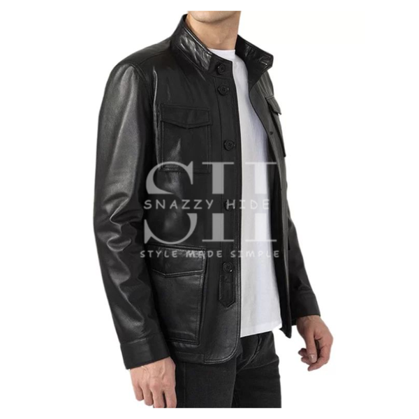 Mens Four Flap Pockets Black Leather Jacket