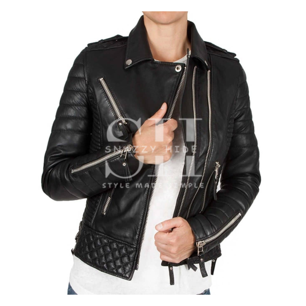 Womens Boda Style Quilted Leather Biker Jacket Black