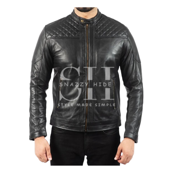 Men’s Black Leather Quilted Biker Jacket