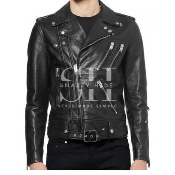 Smooth Black Belted MotorBike Black Leather Jacket