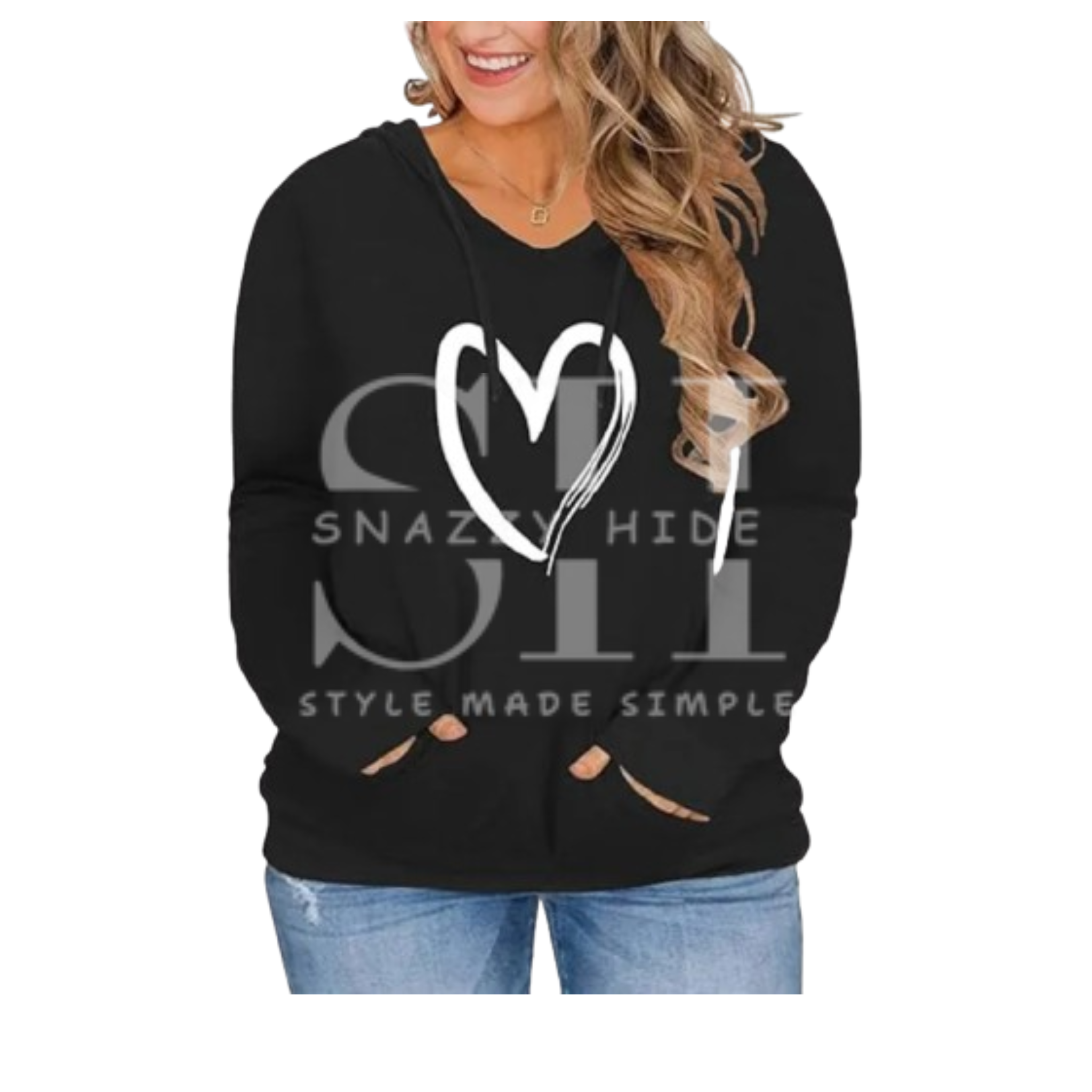 Heart Print VISLILY V Neck Pullover Fleece Hoodie
