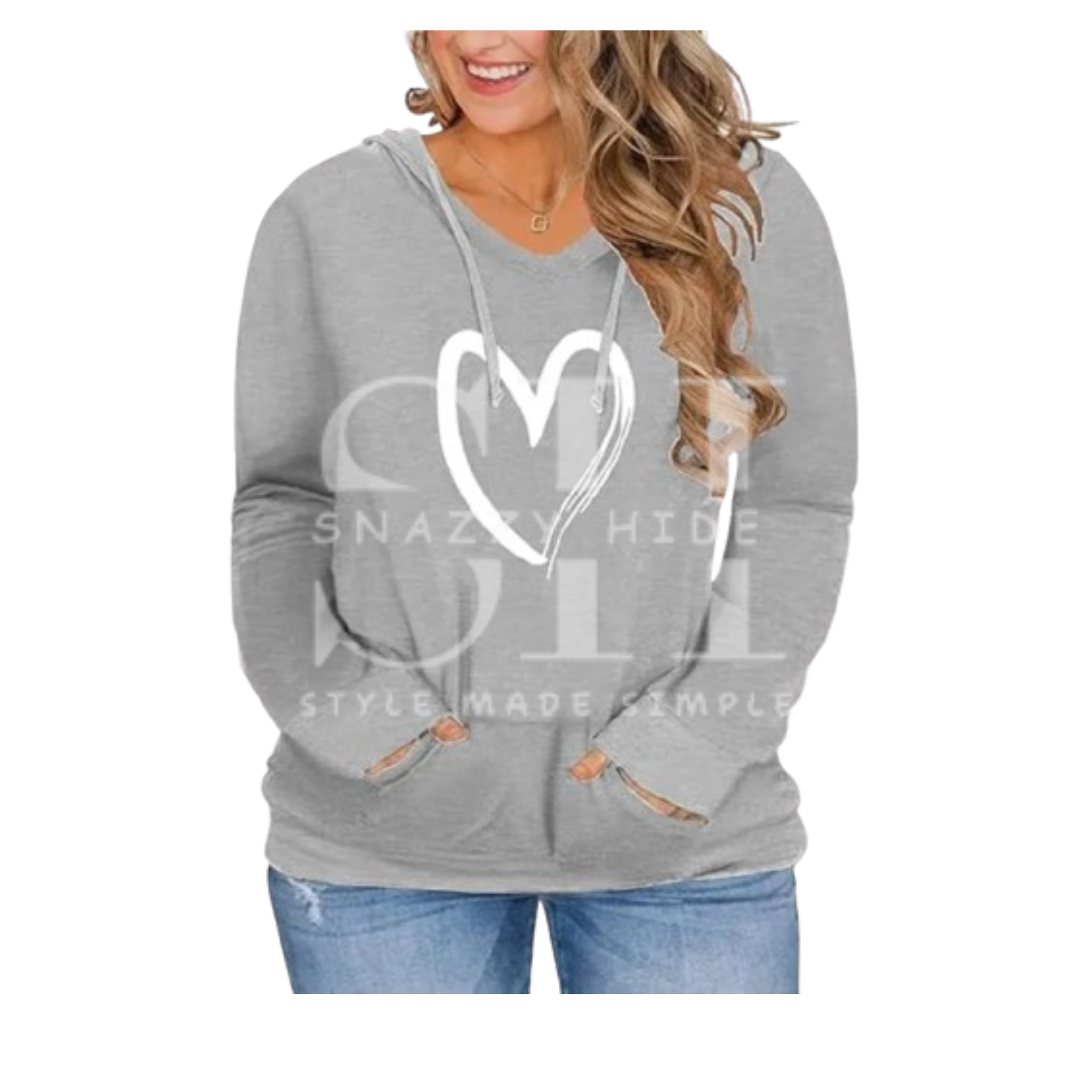 Heart Print VISLILY V Neck Pullover Fleece Hoodie