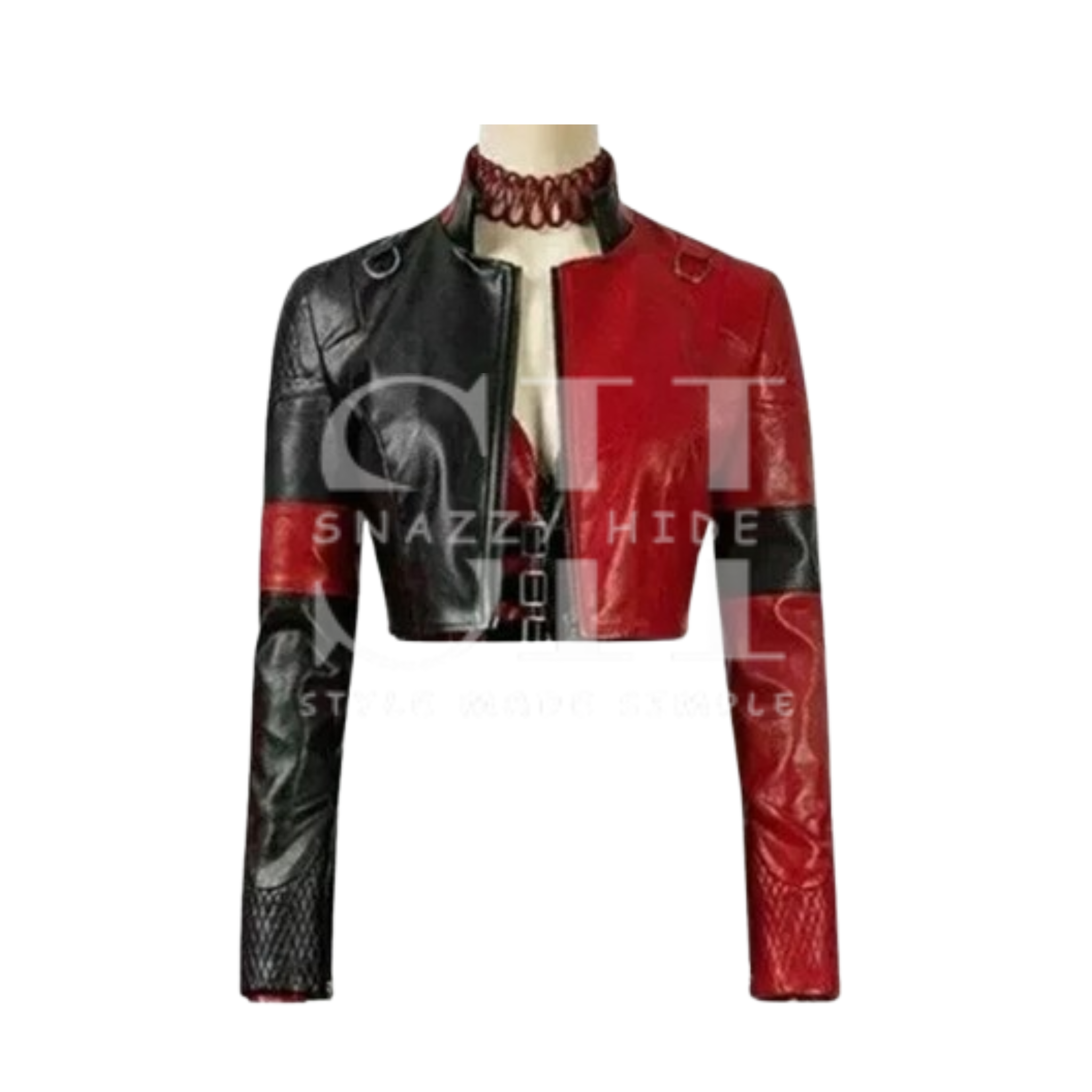 Halloween Style Black and Red Crop Leather Jacket For Women