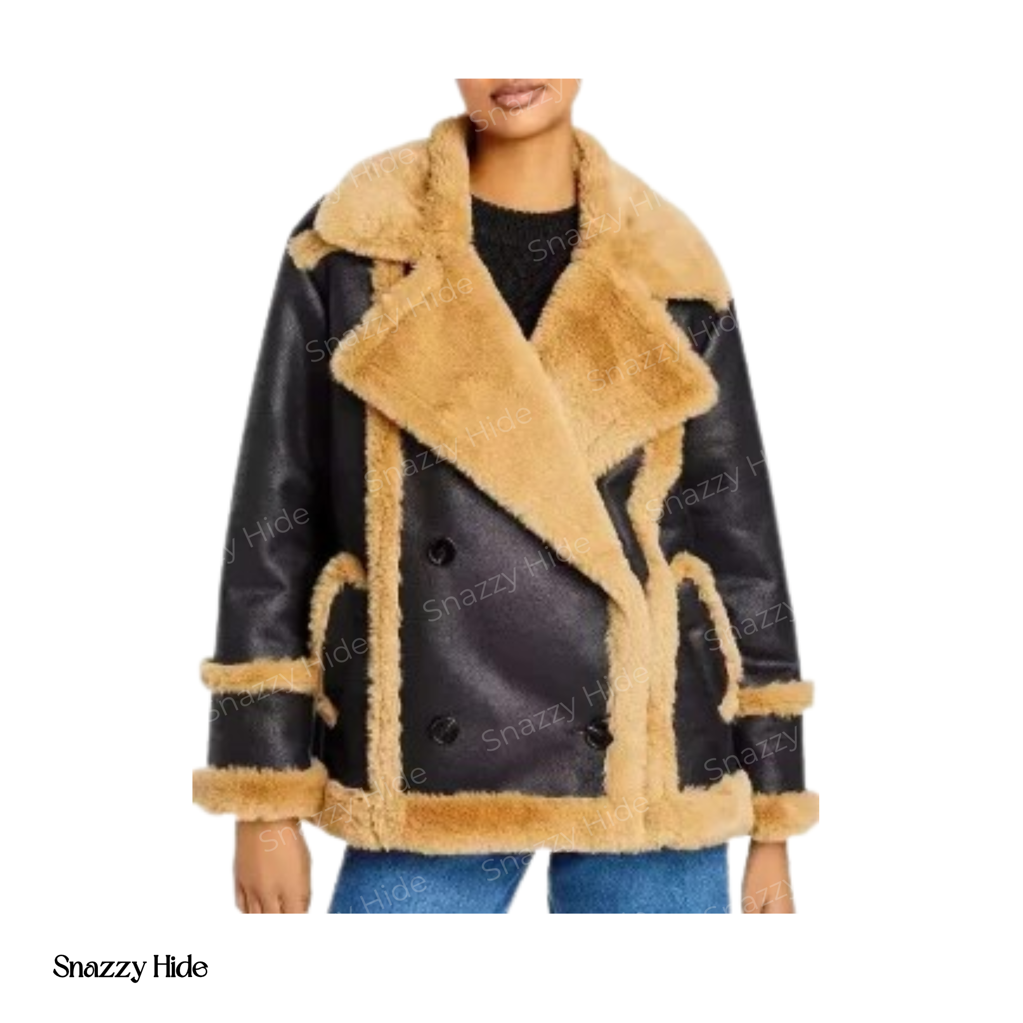 Katherine Black Leather Shearling Double Breasted Jacket