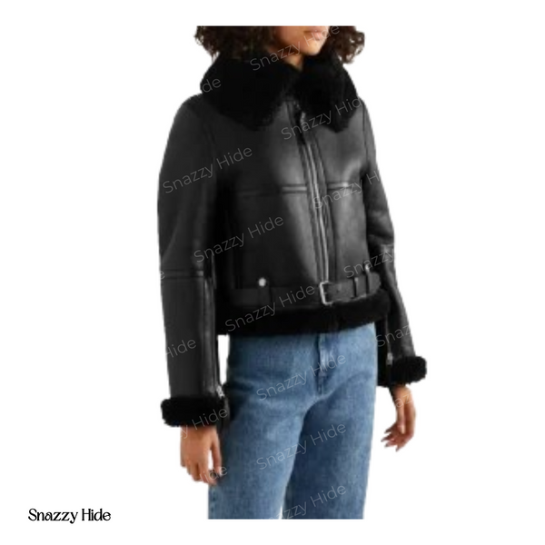 Women’s Aviator Cropped Shearling Leather Jacket