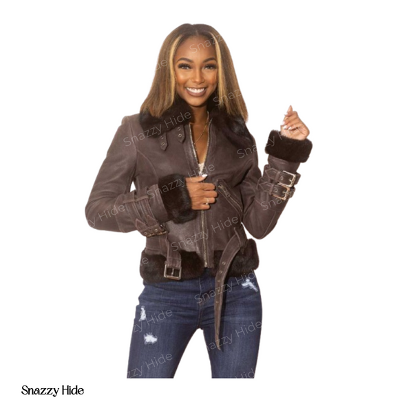 Women’s Brown Leather Motorcycle Shearling Jacket