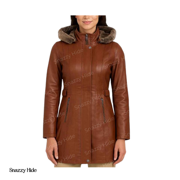 Women’s Brown Leather Shearling Hooded Coat