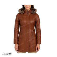 Women’s Brown Leather Shearling Hooded Coat