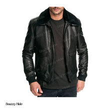 Mens Air Force Leather Bomber Jacket Fur Collar Black
