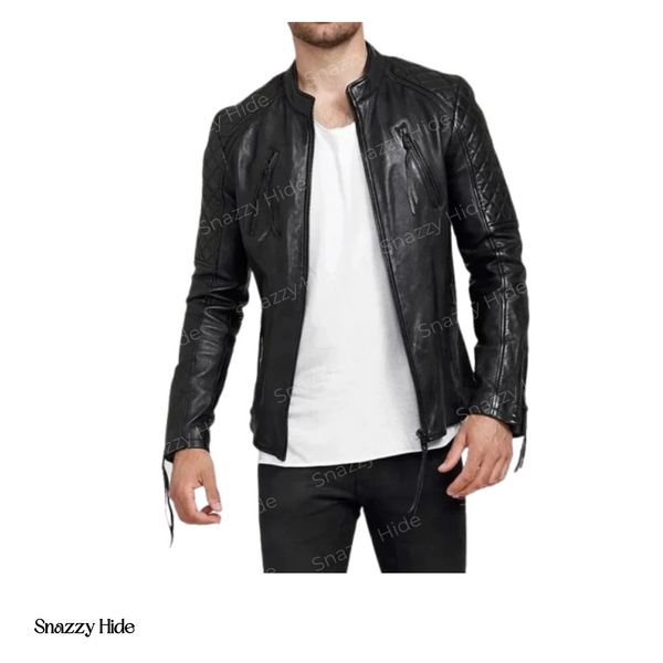 Mens Diamond Quilted Real Sheepskin Leather Jacket Black