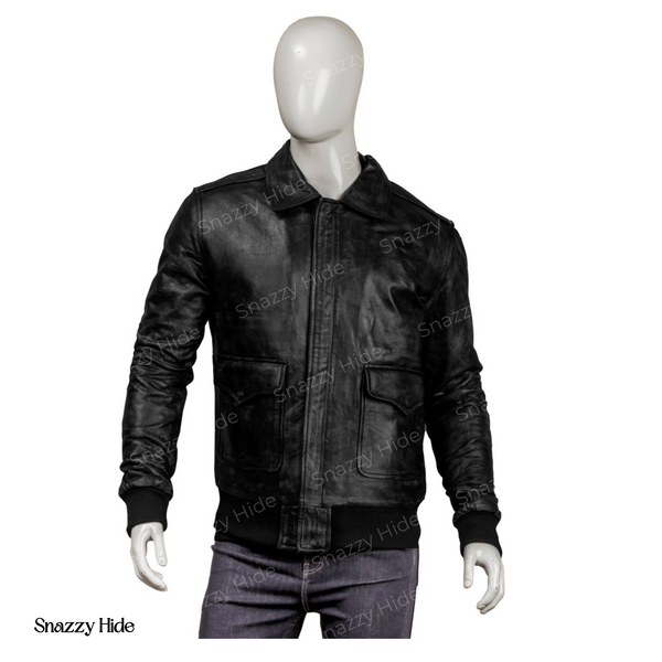 Mens Real Sheepskin Leather Bomber Jacket Solid Black