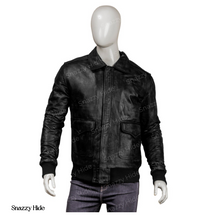 Mens Real Sheepskin Leather Bomber Jacket Solid Black