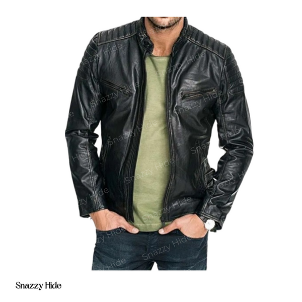 Mens Quilted Rub Off Goatskin Leather Jacket Distressed Black