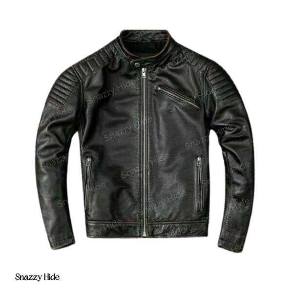 Mens Vintage Style Cafe Racer Leather Biker Jacket Black