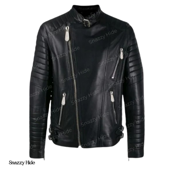 Men’s Padded Sleeves Biker Leather Jacket