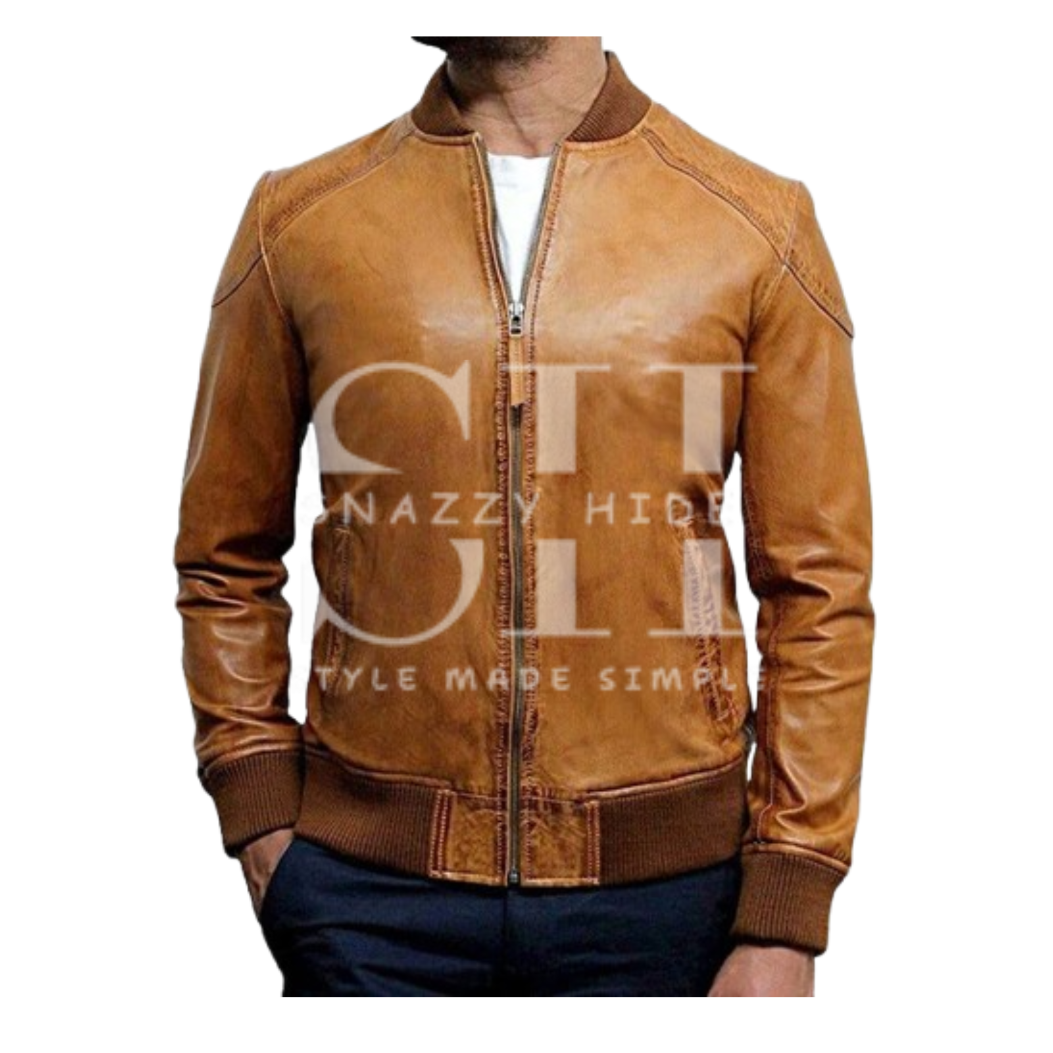 Men's Waxed Sheepskin Leather Bomber Jacket Brown
