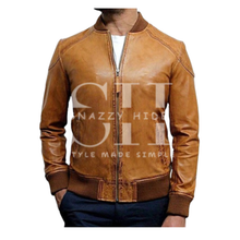 Men's Waxed Sheepskin Leather Bomber Jacket Brown