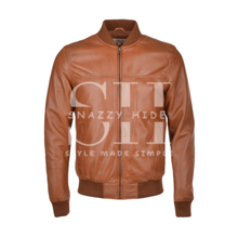 Men's Waxed Sheepskin Leather Bomber Jacket Tan Brown