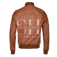 Men's Waxed Sheepskin Leather Bomber Jacket Tan Brown