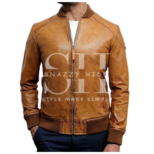 Men's Waxed Sheepskin Leather Bomber Jacket Brown